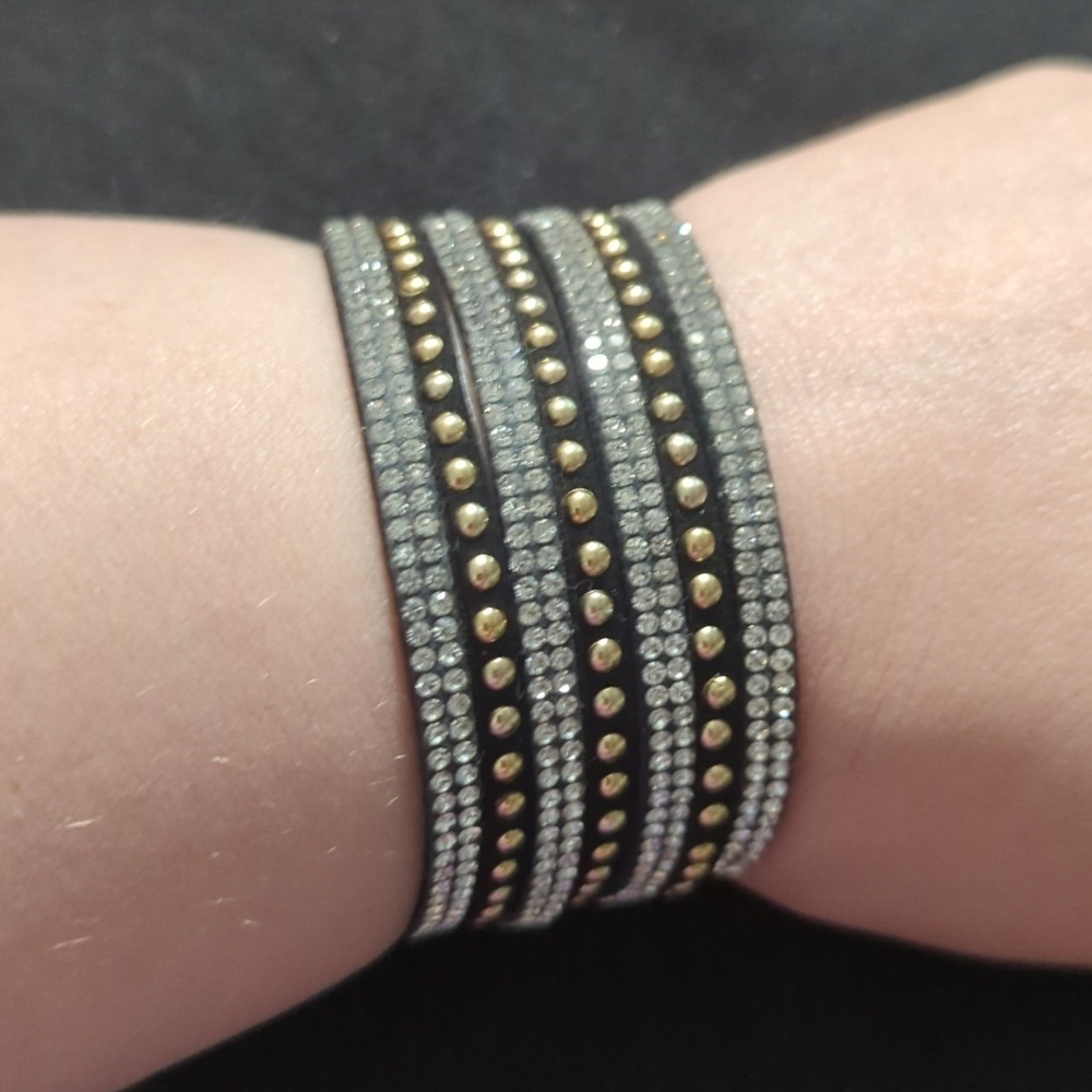 Gold Tone Black Leather Clear Rhinestone Snap Cuff Statement Bracelet